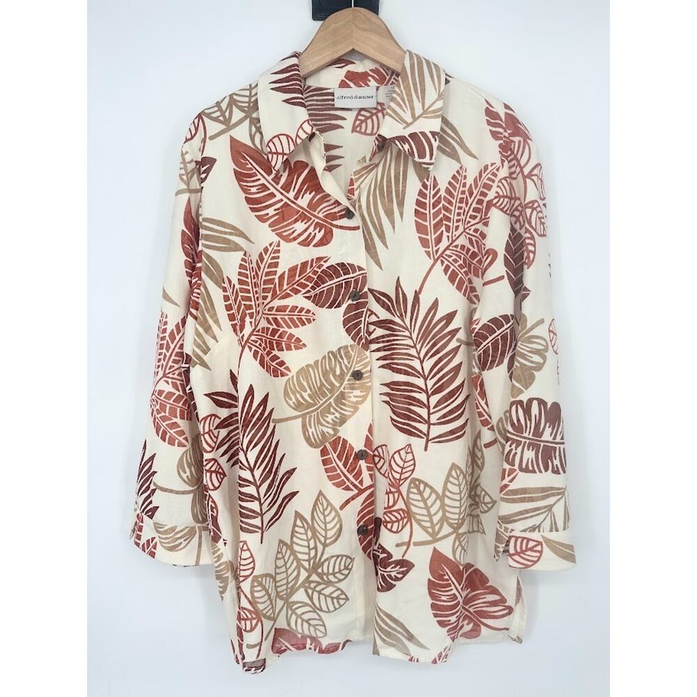 Alfred Dunner Women 12 Button Top Linen Blend Coastal Autumn Botanical Tropical